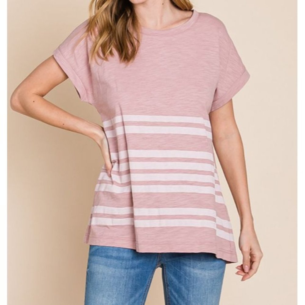 NWT Mauve Washed Cotton Slub Striped Short Sleeve Top Shirt  Cotton blue